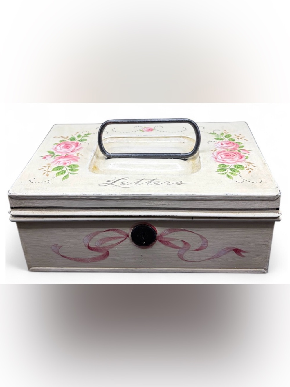 P. Jackson Sign Vintage Hand Paint Floral Top Handle Keepsake Box Tole Toleware
